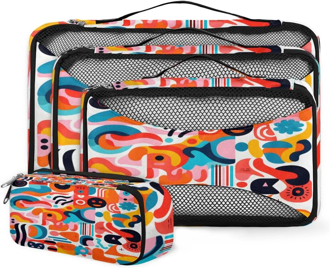 4 Set Packing Cubes for Suitcases, Travel Essentials for Carry on Luggage, Abstract Geometry Suitcase Organizers for Clothes Shoes Toiletries Travel Accessories in 4 Sizes - Graffiti Geometry