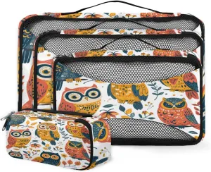 4 Set Packing Cubes for Suitcases, Travel Essentials for Carry on Luggage, Abstract Owl Suitcase Organizers for Clothes Shoes Toiletries Travel Accessories in 4 Sizes - Graffiti Owl
