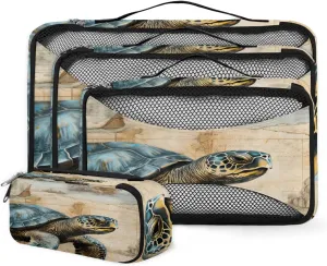 4 Set Packing Cubes for Suitcases, Travel Essentials for Carry on Luggage, Abstract Turtle Suitcase Organizers for Clothes Shoes Toiletries Travel Accessories in 4 Sizes - Ocean Turtle