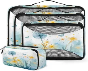 4 Set Packing Cubes for Suitcases, Travel Essentials for Carry on Luggage, Artistic Dandelion Suitcase Organizers for Clothes Shoes Toiletries Travel Accessories in 4 Sizes - Colorful Dandelion