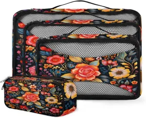 4 Set Packing Cubes for Suitcases, Travel Essentials for Carry on Luggage, Artistic Flowers Suitcase Organizers for Clothes Shoes Toiletries Travel Accessories in 4 Sizes - Varicolored Flowers