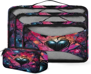 4 Set Packing Cubes for Suitcases, Travel Essentials for Carry on Luggage, Artistic Heart Suitcase Organizers for Clothes Shoes Toiletries Travel Accessories in 4 Sizes - Fantastic Heart