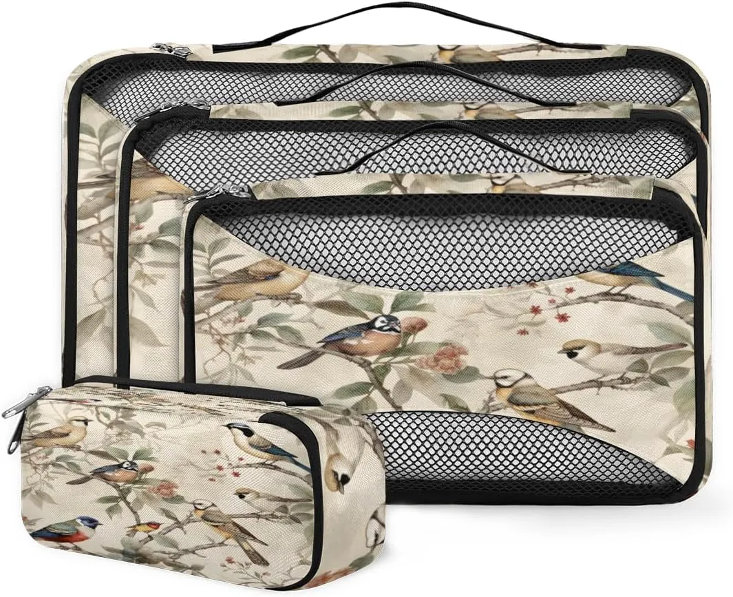 4 Set Packing Cubes for Suitcases, Travel Essentials for Carry on Luggage, Beautiful Bird Suitcase Organizers for Clothes Shoes Toiletries Travel Accessories in 4 Sizes - Fantastic Bird