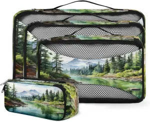 4 Set Packing Cubes for Suitcases, Travel Essentials for Carry on Luggage, Beautiful Forest Suitcase Organizers for Clothes Shoes Toiletries Travel Accessories in 4 Sizes - Watercolor Forest