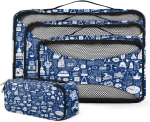 4 Set Packing Cubes for Suitcases, Travel Essentials for Carry on Luggage, Blue Graffiti Suitcase Organizers for Clothes Shoes Toiletries Travel Accessories in 4 Sizes - Vintage Pattern