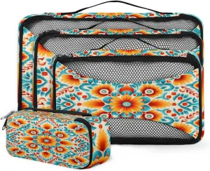 4 Set Packing Cubes for Suitcases, Travel Essentials for Carry on Luggage, Botanic Floral Suitcase Organizers for Clothes Shoes Toiletries Travel Accessories in 4 Sizes - Retro Flower
