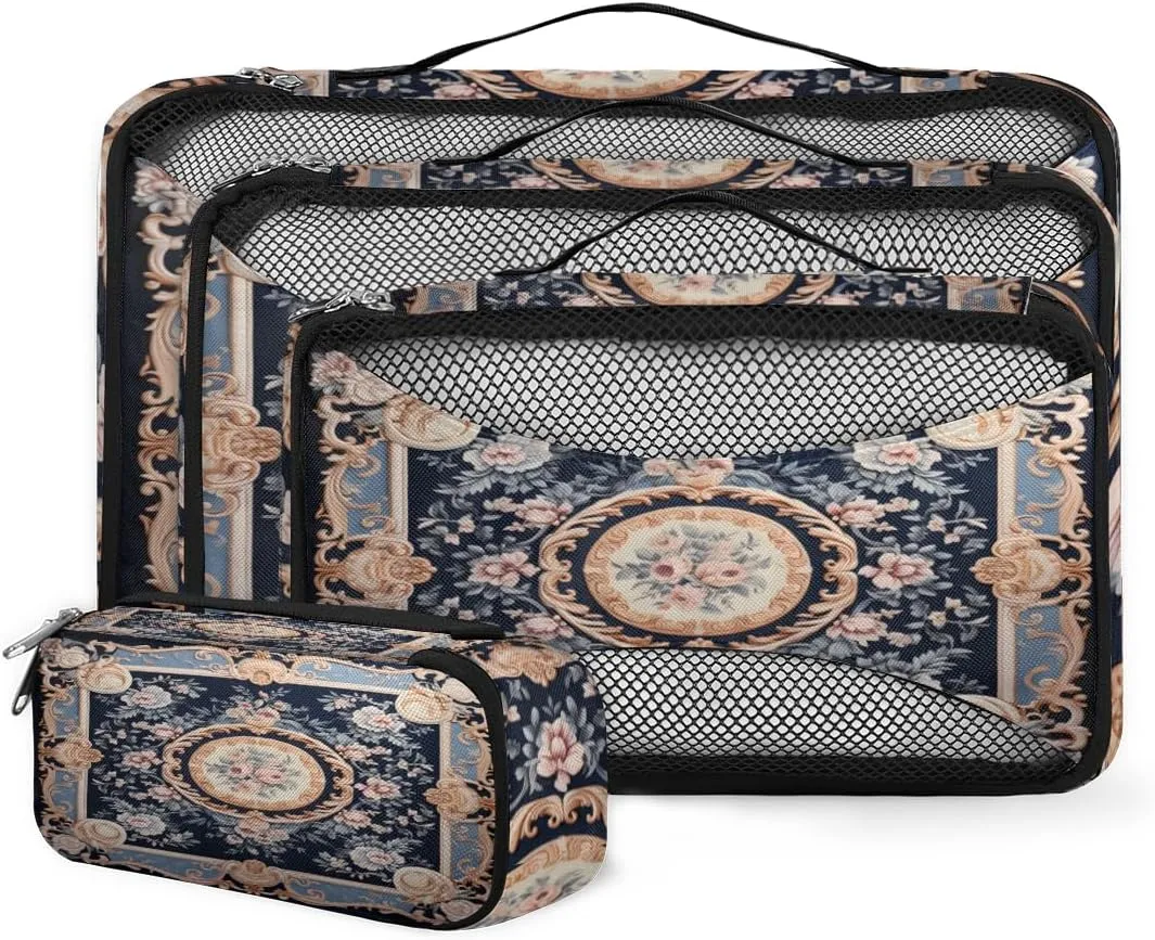 4 Set Packing Cubes for Suitcases, Travel Essentials for Carry on Luggage, Botanic Flower Suitcase Organizers for Clothes Shoes Toiletries Travel Accessories in 4 Sizes - Retro Flower