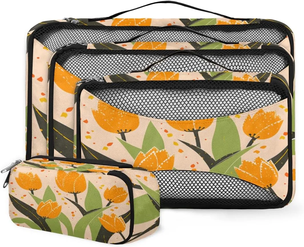 4 Set Packing Cubes for Suitcases, Travel Essentials for Carry on Luggage, Bright Tulips Suitcase Organizers for Clothes Shoes Toiletries Travel Accessories in 4 Sizes - Abstract Tulips