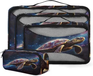 4 Set Packing Cubes for Suitcases, Travel Essentials for Carry on Luggage, Bright Turtle Suitcase Organizers for Clothes Shoes Toiletries Travel Accessories in 4 Sizes - Watercolor Turtle