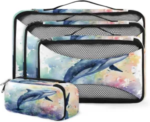 4 Set Packing Cubes for Suitcases, Travel Essentials for Carry on Luggage, Cartoon Dolphin Suitcase Organizers for Clothes Shoes Toiletries Travel Accessories in 4 Sizes - Watercolor Dolphin