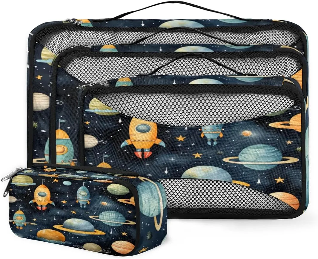 4 Set Packing Cubes for Suitcases, Travel Essentials for Carry on Luggage, Cartoon Galaxy Suitcase Organizers for Clothes Shoes Toiletries Travel Accessories in 4 Sizes - Fantastic Galaxy
