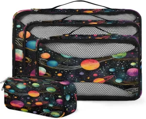 4 Set Packing Cubes for Suitcases, Travel Essentials for Carry on Luggage, Cartoon Galaxy Suitcase Organizers for Clothes Shoes Toiletries Travel Accessories in 4 Sizes - Universe Galaxy