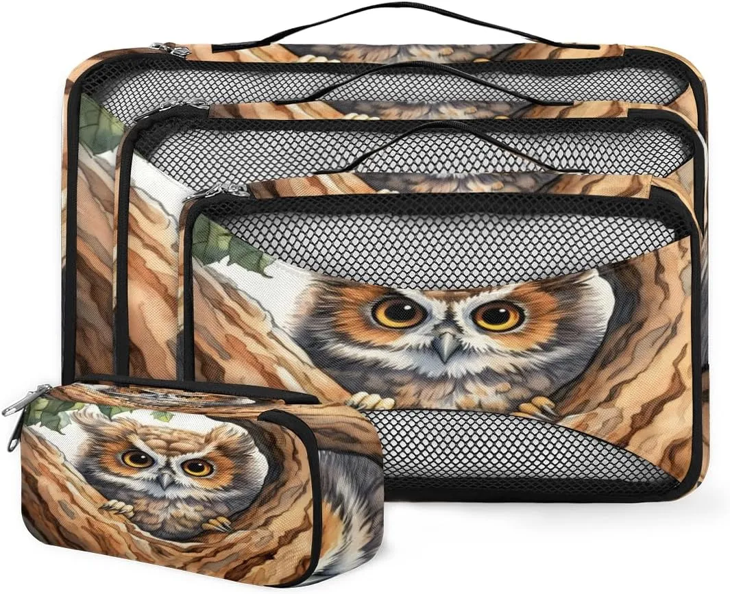 4 Set Packing Cubes for Suitcases, Travel Essentials for Carry on Luggage, Cartoon Owl Suitcase Organizers for Clothes Shoes Toiletries Travel Accessories in 4 Sizes - Cute Owl