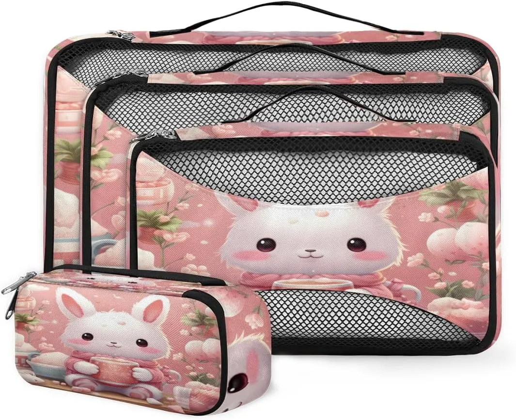 4 Set Packing Cubes for Suitcases, Travel Essentials for Carry on Luggage, Cartoon Rabbit Suitcase Organizers for Clothes Shoes Toiletries Travel Accessories in 4 Sizes - Abstract Rabbit