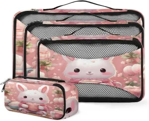 4 Set Packing Cubes for Suitcases, Travel Essentials for Carry on Luggage, Cartoon Rabbit Suitcase Organizers for Clothes Shoes Toiletries Travel Accessories in 4 Sizes - Abstract Rabbit