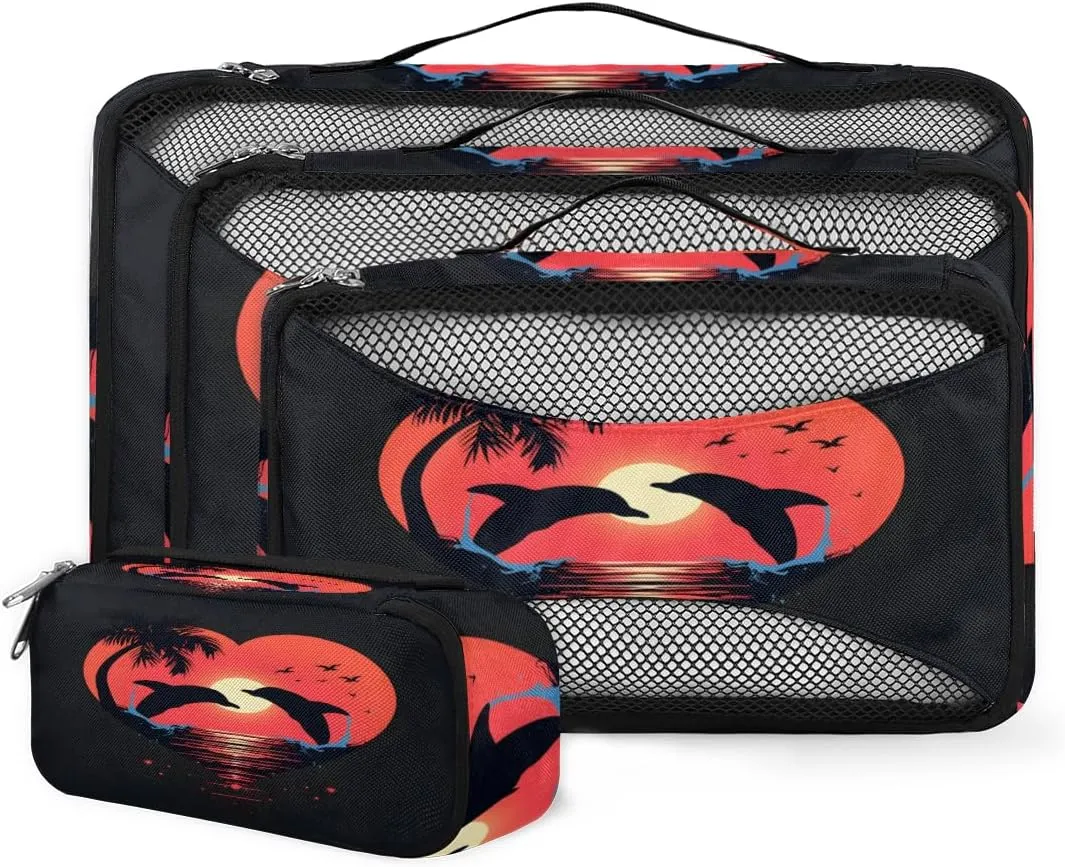 4 Set Packing Cubes for Suitcases, Travel Essentials for Carry on Luggage, Coconut tree Suitcase Organizers for Clothes Shoes Toiletries Travel Accessories in 4 Sizes - Sunset Dolphin