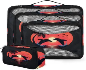 4 Set Packing Cubes for Suitcases, Travel Essentials for Carry on Luggage, Coconut tree Suitcase Organizers for Clothes Shoes Toiletries Travel Accessories in 4 Sizes - Sunset Dolphin