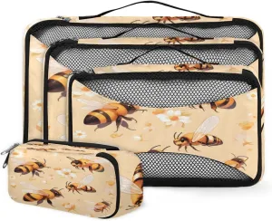 4 Set Packing Cubes for Suitcases, Travel Essentials for Carry on Luggage, Colorful Bee Suitcase Organizers for Clothes Shoes Toiletries Travel Accessories in 4 Sizes - Flowers Bee