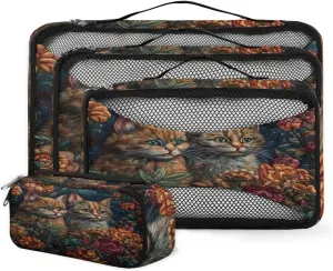 4 Set Packing Cubes for Suitcases, Travel Essentials for Carry on Luggage, Colorful Cat Suitcase Organizers for Clothes Shoes Toiletries Travel Accessories in 4 Sizes - Abstract Cat