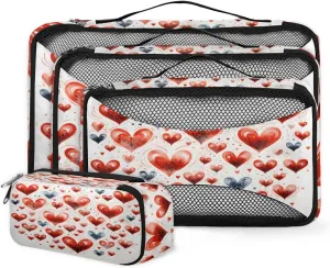 4 Set Packing Cubes for Suitcases, Travel Essentials for Carry on Luggage, Colorful Heart Suitcase Organizers for Clothes Shoes Toiletries Travel Accessories in 4 Sizes - Red Heart