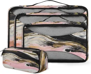 4 Set Packing Cubes for Suitcases, Travel Essentials for Carry on Luggage, Colorful Marble Suitcase Organizers for Clothes Shoes Toiletries Travel Accessories in 4 Sizes - Abstract Marble