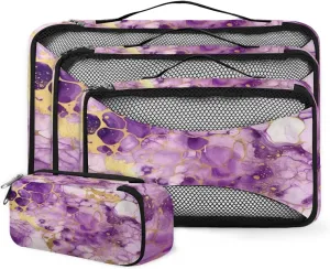 4 Set Packing Cubes for Suitcases, Travel Essentials for Carry on Luggage, Colorful Marble Suitcase Organizers for Clothes Shoes Toiletries Travel Accessories in 4 Sizes - Purple Gold Marble