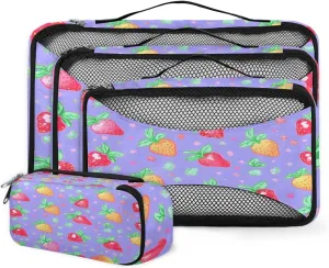 4 Set Packing Cubes for Suitcases, Travel Essentials for Carry on Luggage, Colorful Strawberry Suitcase Organizers for Clothes Shoes Toiletries Travel Accessories in 4 Sizes - Abstract Strawberry