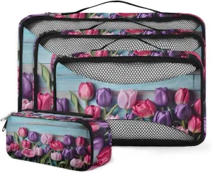 4 Set Packing Cubes for Suitcases, Travel Essentials for Carry on Luggage, Colorful Tulips Suitcase Organizers for Clothes Shoes Toiletries Travel Accessories in 4 Sizes - Watercolor Tulips