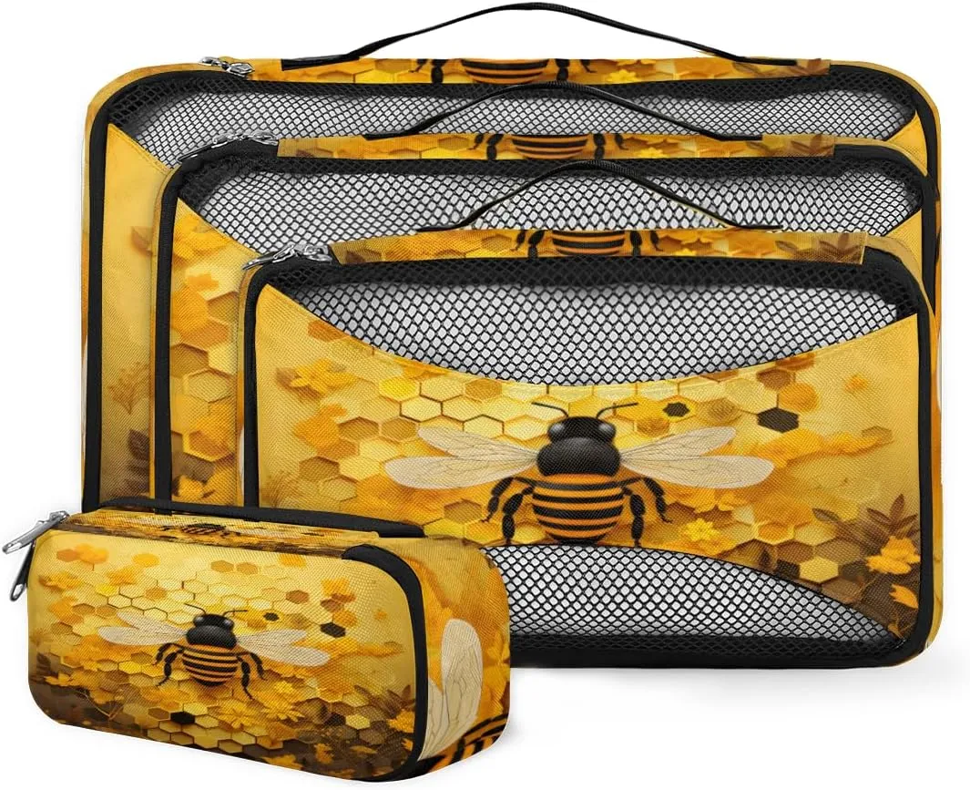 4 Set Packing Cubes for Suitcases, Travel Essentials for Carry on Luggage, Cute Bee Suitcase Organizers for Clothes Shoes Toiletries Travel Accessories in 4 Sizes - Honey Bee