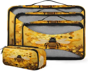 4 Set Packing Cubes for Suitcases, Travel Essentials for Carry on Luggage, Cute Bee Suitcase Organizers for Clothes Shoes Toiletries Travel Accessories in 4 Sizes - Honey Bee