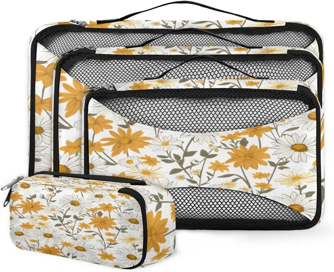 4 Set Packing Cubes for Suitcases, Travel Essentials for Carry on Luggage, Cute Flowers Suitcase Organizers for Clothes Shoes Toiletries Travel Accessories in 4 Sizes - Abstract Flowers