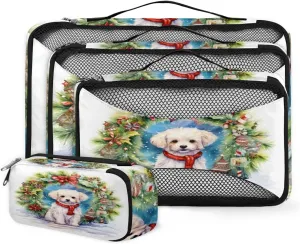 4 Set Packing Cubes for Suitcases, Travel Essentials for Carry on Luggage, Cute Puppy Suitcase Organizers for Clothes Shoes Toiletries Travel Accessories in 4 Sizes - Christmas Garland