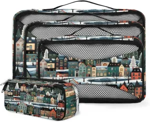 4 Set Packing Cubes for Suitcases, Travel Essentials for Carry on Luggage, Dreamy City Suitcase Organizers for Clothes Shoes Toiletries Travel Accessories in 4 Sizes - Cartoon City