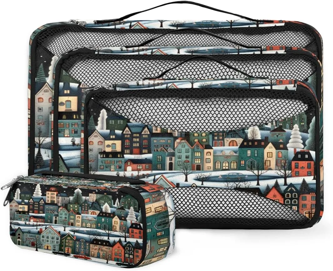 4 Set Packing Cubes for Suitcases, Travel Essentials for Carry on Luggage, Dreamy City Suitcase Organizers for Clothes Shoes Toiletries Travel Accessories in 4 Sizes - Cartoon City