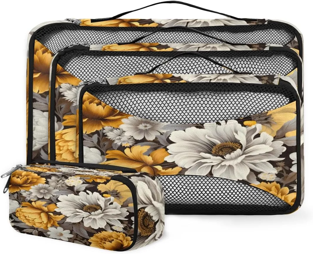 4 Set Packing Cubes for Suitcases, Travel Essentials for Carry on Luggage, Dreamy Flower Suitcase Organizers for Clothes Shoes Toiletries Travel Accessories in 4 Sizes - Romantic Flower
