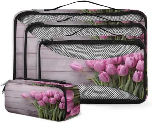 4 Set Packing Cubes for Suitcases, Travel Essentials for Carry on Luggage, Dreamy Tulips Suitcase Organizers for Clothes Shoes Toiletries Travel Accessories in 4 Sizes - Colorful Tulips