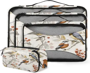 4 Set Packing Cubes for Suitcases, Travel Essentials for Carry on Luggage, Fantastic Bird Suitcase Organizers for Clothes Shoes Toiletries Travel Accessories in 4 Sizes - Pretty Birds