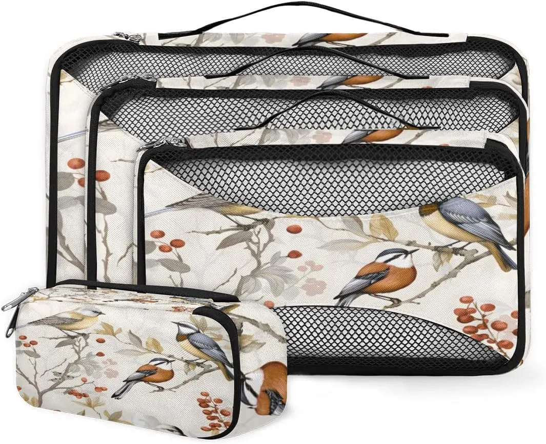4 Set Packing Cubes for Suitcases, Travel Essentials for Carry on Luggage, Fantastic Bird Suitcase Organizers for Clothes Shoes Toiletries Travel Accessories in 4 Sizes - Pretty Birds