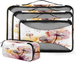 4 Set Packing Cubes for Suitcases, Travel Essentials for Carry on Luggage, Fantastic Dandelion Suitcase Organizers for Clothes Shoes Toiletries Travel Accessories in 4 Sizes - Watercolor Dandelion
