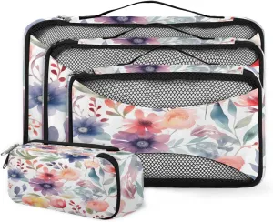 4 Set Packing Cubes for Suitcases, Travel Essentials for Carry on Luggage, Fantastic Flowers Suitcase Organizers for Clothes Shoes Toiletries Travel Accessories in 4 Sizes - Abstract Flowers