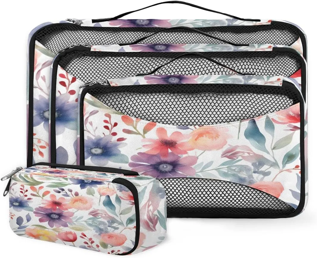 4 Set Packing Cubes for Suitcases, Travel Essentials for Carry on Luggage, Fantastic Flowers Suitcase Organizers for Clothes Shoes Toiletries Travel Accessories in 4 Sizes - Abstract Flowers