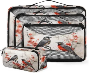 4 Set Packing Cubes for Suitcases, Travel Essentials for Carry on Luggage, Flower Bird Suitcase Organizers for Clothes Shoes Toiletries Travel Accessories in 4 Sizes - Lovely Bird