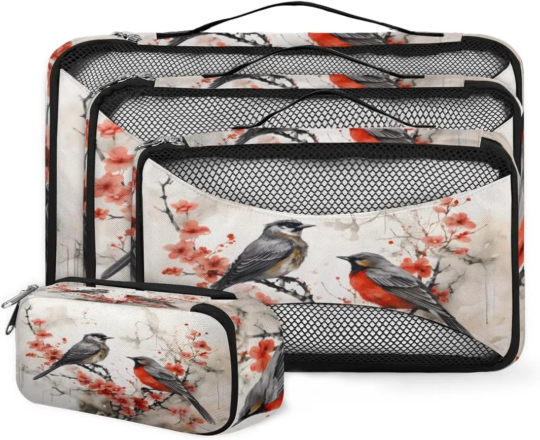 4 Set Packing Cubes for Suitcases, Travel Essentials for Carry on Luggage, Flower Bird Suitcase Organizers for Clothes Shoes Toiletries Travel Accessories in 4 Sizes - Lovely Bird