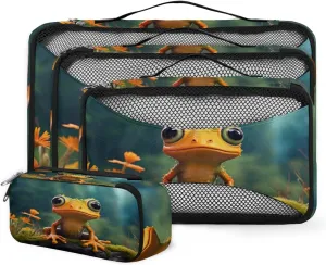 4 Set Packing Cubes for Suitcases, Travel Essentials for Carry on Luggage, Flower Frog Suitcase Organizers for Clothes Shoes Toiletries Travel Accessories in 4 Sizes - Cartoon Frog