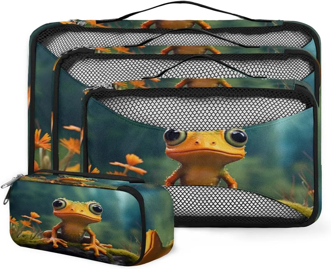 4 Set Packing Cubes for Suitcases, Travel Essentials for Carry on Luggage, Flower Frog Suitcase Organizers for Clothes Shoes Toiletries Travel Accessories in 4 Sizes - Cartoon Frog