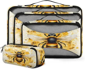 4 Set Packing Cubes for Suitcases, Travel Essentials for Carry on Luggage, Flowers Bee Suitcase Organizers for Clothes Shoes Toiletries Travel Accessories in 4 Sizes - Honey Bee