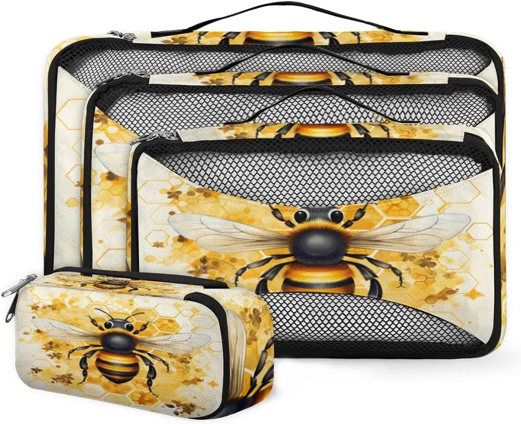 4 Set Packing Cubes for Suitcases, Travel Essentials for Carry on Luggage, Flowers Bee Suitcase Organizers for Clothes Shoes Toiletries Travel Accessories in 4 Sizes - Honey Bee