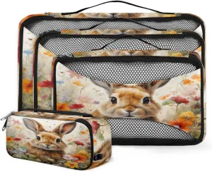 4 Set Packing Cubes for Suitcases, Travel Essentials for Carry on Luggage, Flowers Bunny Suitcase Organizers for Clothes Shoes Toiletries Travel Accessories in 4 Sizes - Cartoon Rabbit