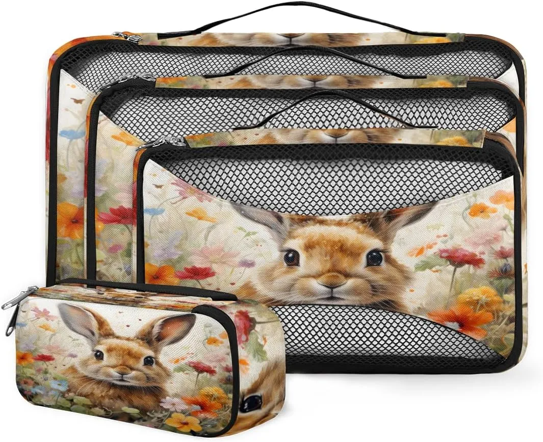 4 Set Packing Cubes for Suitcases, Travel Essentials for Carry on Luggage, Flowers Bunny Suitcase Organizers for Clothes Shoes Toiletries Travel Accessories in 4 Sizes - Cartoon Rabbit
