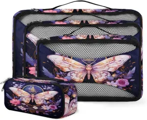 4 Set Packing Cubes for Suitcases, Travel Essentials for Carry on Luggage, Flowers Butterfly Suitcase Organizers for Clothes Shoes Toiletries Travel Accessories in 4 Sizes - Gothic Butterfly